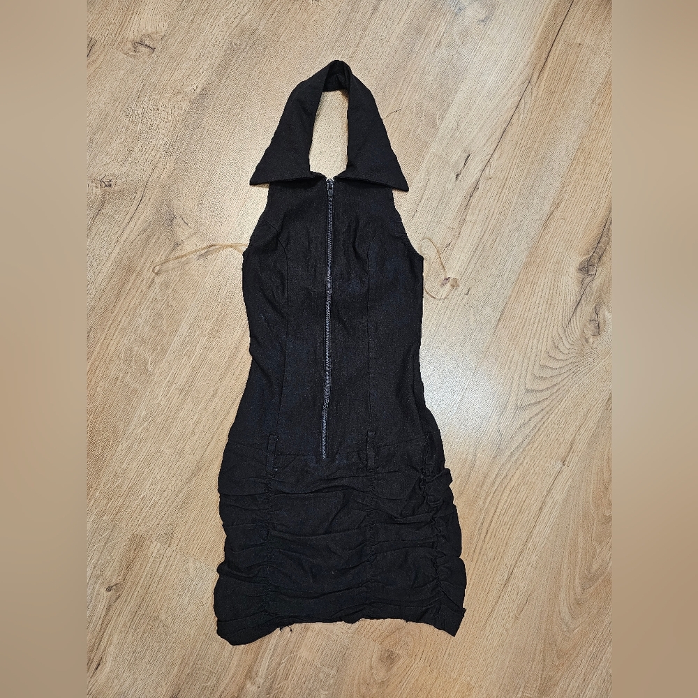 Black Ruched Dress with Zipper Detail